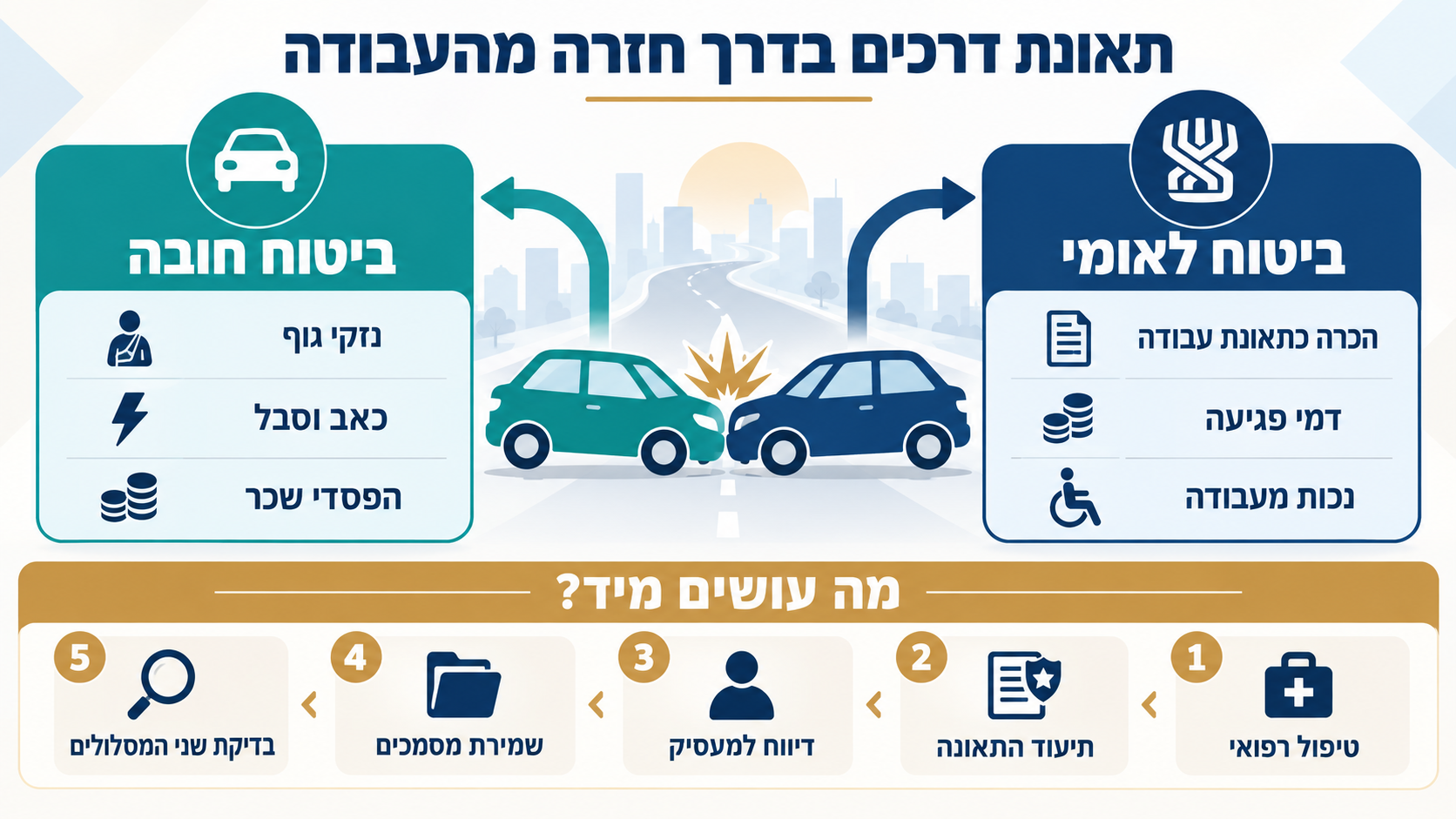 שני מסלולי התביעה לאחר תאונת דרכים בדרך חזרה מהעבודה